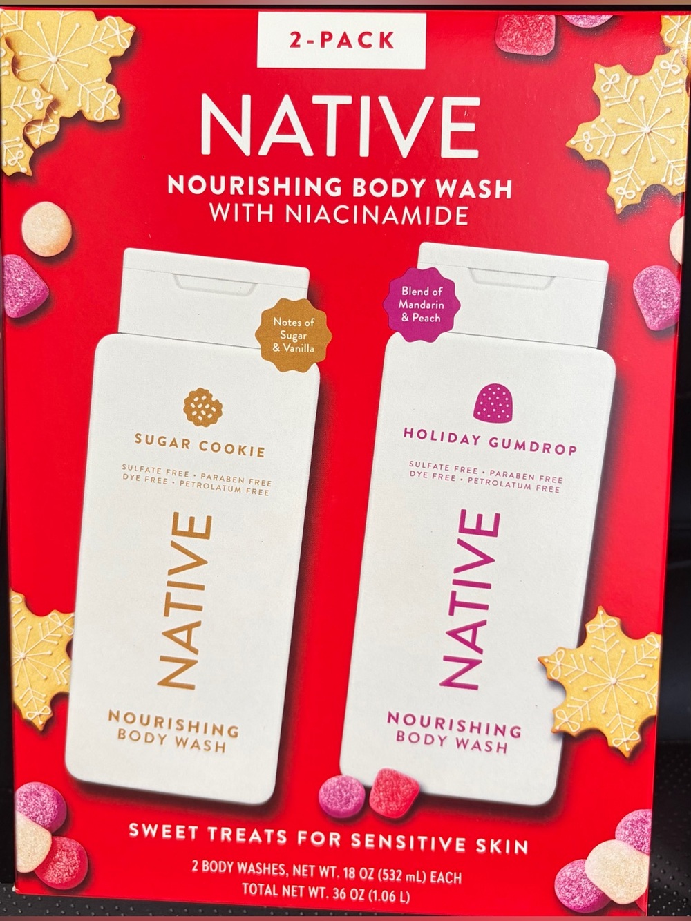 NWT, 2 Pack Native Body Wash, Sugar Cookie & Holiday Gumdrop, 18 oz each